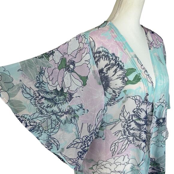 Harlow & Rose Cover Up Women XL Blue Pink Floral Maxi Sheer Coastal Open Kimono - Picture 8 of 12